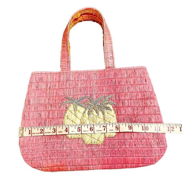 Original by Bienbag pink woven raffia handbag with pineapples motif silk lined - Picture 7 of 9